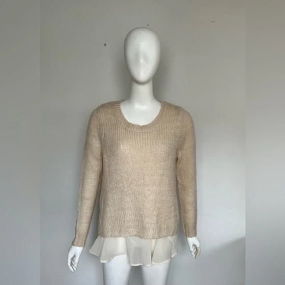 Yest Womens Wool Blend Open Back Combined Fabric Crew Neck Sweater Beige Sz 6 S - Picture 1 of 11
